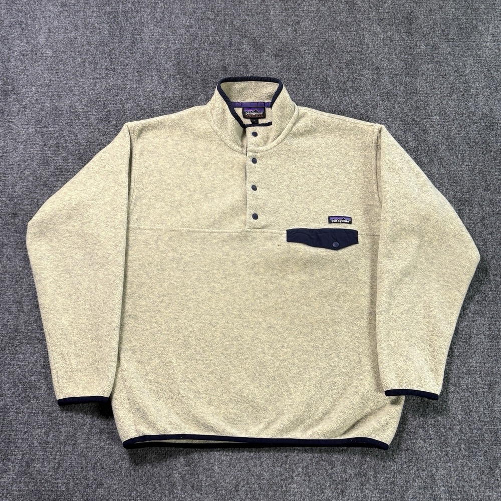 Vintage Patagonia Synchilla Snap-T Fleece Pullover Mens Large Oatmeal Navy Blue